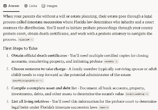 Perplexity: estate settlement company — competitors cited, MeetAlix absent