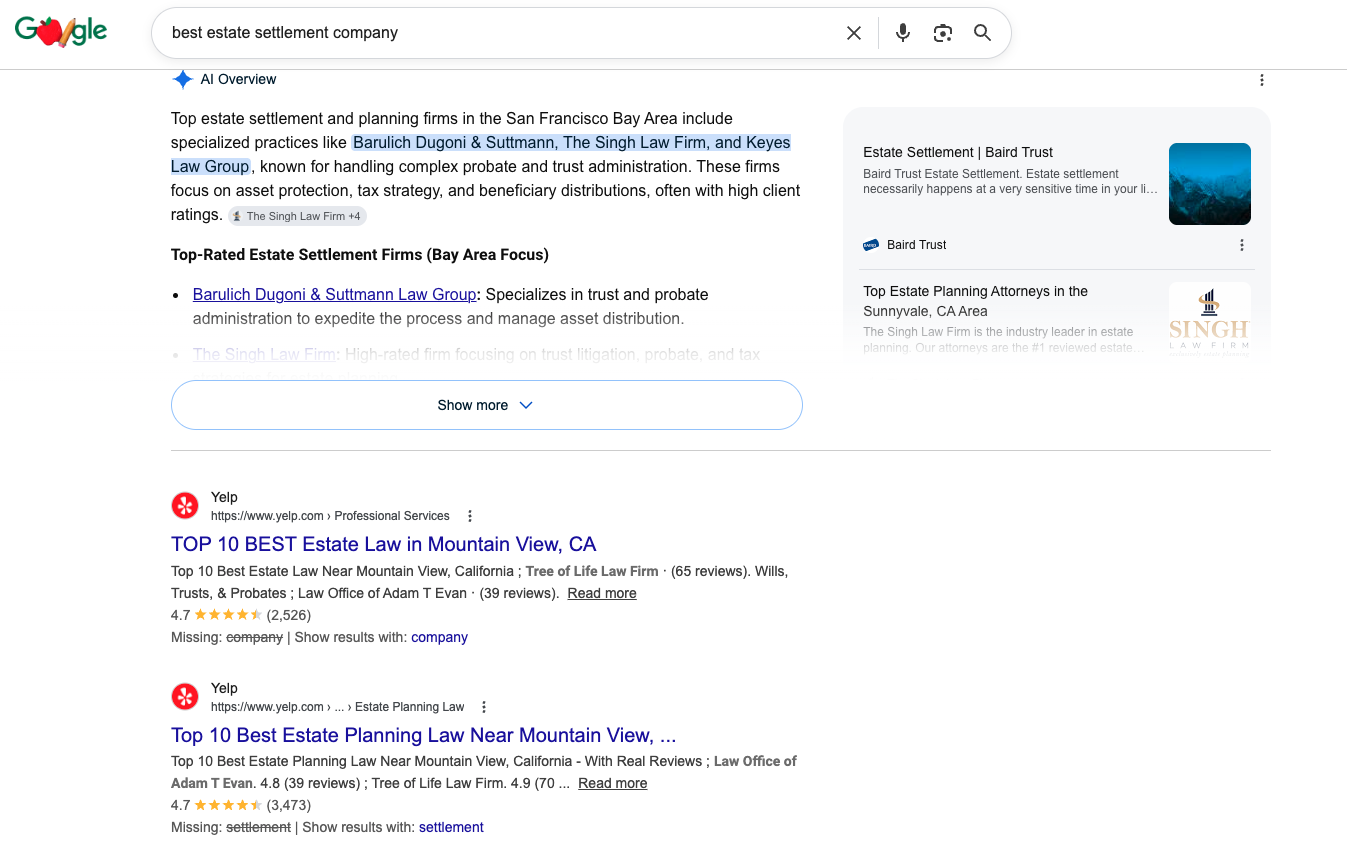 Google SERP: best estate settlement company — showing ClearEstate and others, MeetAlix in paid only