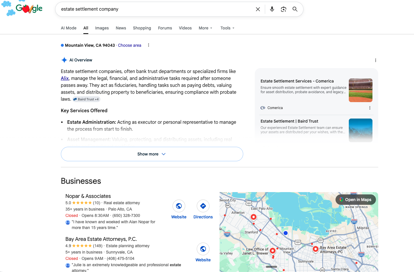 Google SERP: estate settlement company — MeetAlix in paid, absent organically