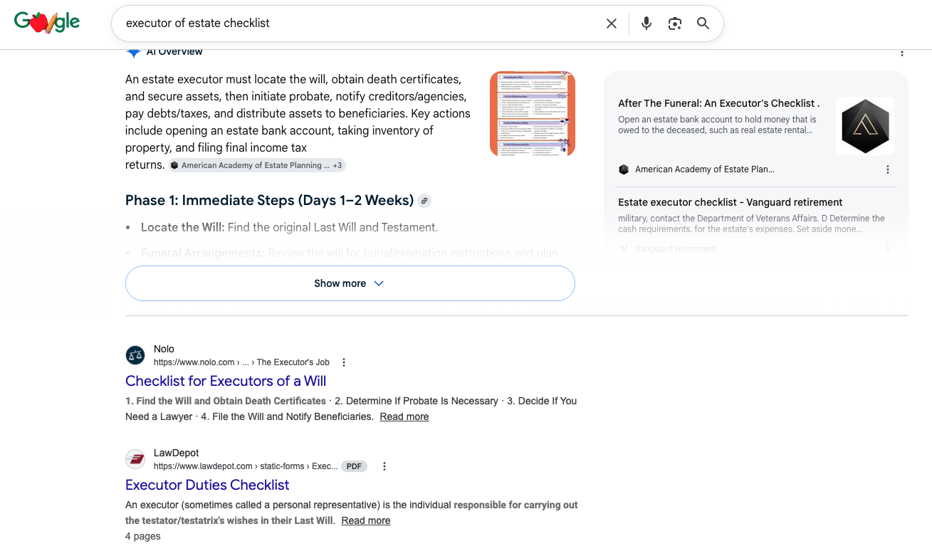 SERP: executor of estate checklist