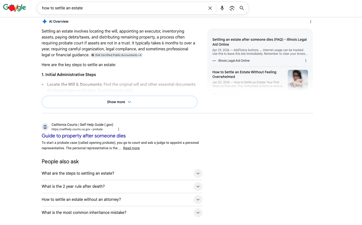 Google SERP: how to settle an estate — AI Overview, PAA, organic results