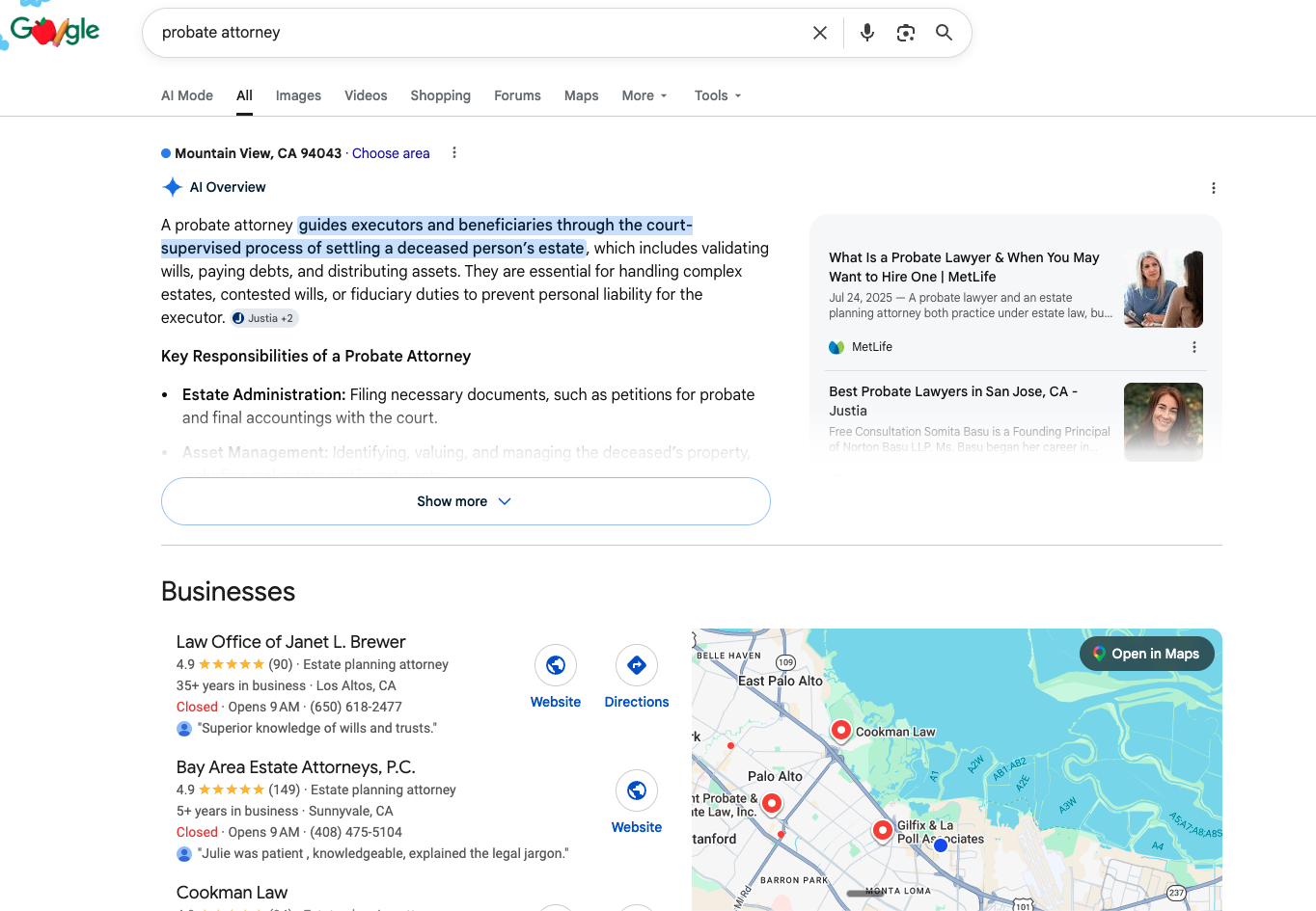 Google SERP: probate attorney — showing local pack and sponsored ads